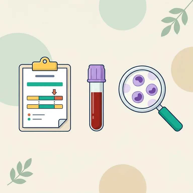 Illustration of a lab report with one bar marked low by a down arrow, a purple-top blood tube and a magnifier on lymphocytes