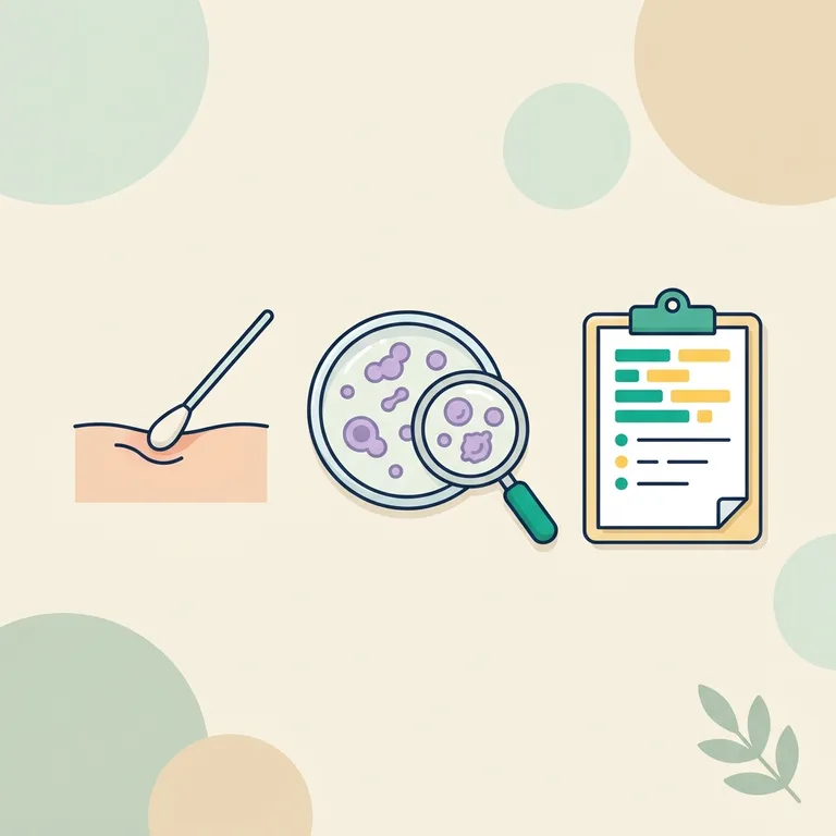 Illustration of a culture report with one resistant line, a swab, a sample tube and a magnifying glass over bacteria