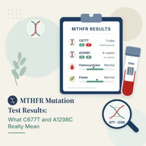 Informe de laboratorio genético con los resultados de la prueba de mutación MTHFR para las variantes C677T y A1298C junto a un tubo de muestra de sangre