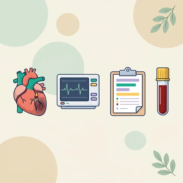 Myocardial infarction illustration: heart with a blocked coronary artery, an ECG monitor, a lab report and a blood tube