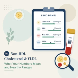 Informe de perfil lipídico con los resultados de colesterol no-HDL y VLDL junto a un tubo de muestra de sangre y una lupa