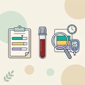 Illustration of a gray-top blood tube, a glucose meter, a clock and a three-band chart for a normal blood sugar levels chart
