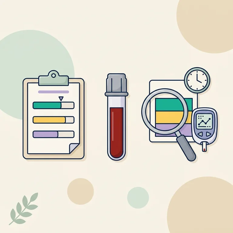 Illustration of a gray-top blood tube, a glucose meter, a clock and a three-band chart for a normal blood sugar levels chart