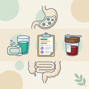 Norovirus illustration: stomach with virus particles, intestines, soap, a glass of fluid, a checklist and a stool sample pot