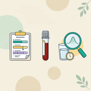 Glucose tolerance test illustration: report with marked bar, gray-top tube, glass of drink, clock, magnifier on a sugar curve