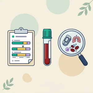 Oxygen saturation illustration: magnifier over a pulse oximeter, lungs and red blood cells, a blood tube and a lab report