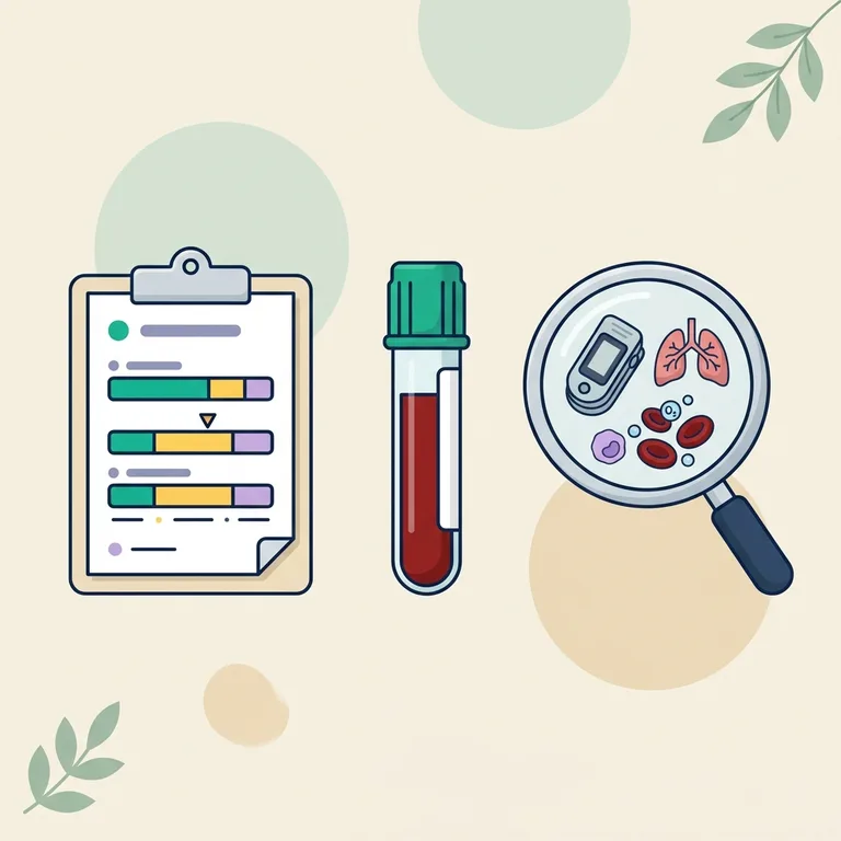 Oxygen saturation illustration: magnifier over a pulse oximeter, lungs and red blood cells, a blood tube and a lab report