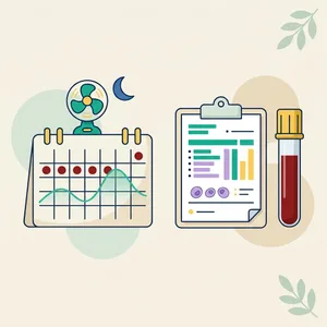 Perimenopause illustration: calendar with period dots and a wavy hormone line, a fan, a moon, a lab report and a blood tube