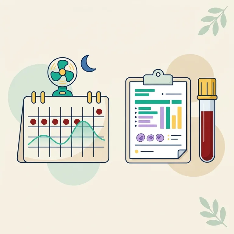 Perimenopause illustration: calendar with period dots and a wavy hormone line, a fan, a moon, a lab report and a blood tube