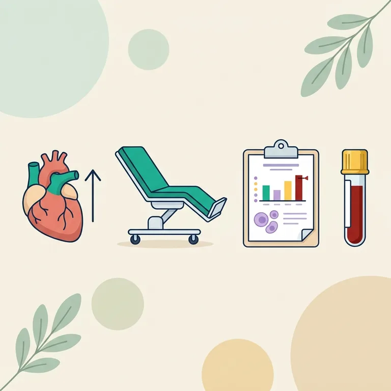 POTS syndrome illustration: simplified heart with an upward arrow, a tilt table and a lab report beside a blood tube