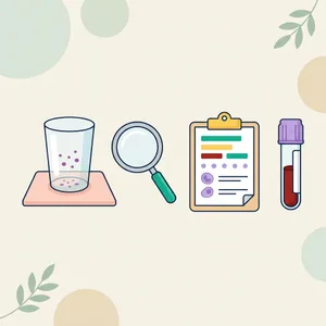 Purpura illustration: a clear glass over purple spots on a skin swatch, a magnifying glass, a lab report and a blood tube