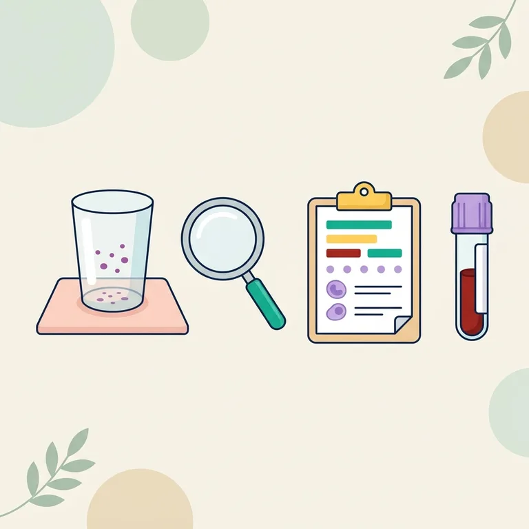 Purpura illustration: a clear glass over purple spots on a skin swatch, a magnifying glass, a lab report and a blood tube