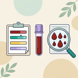 Illustration of blood drops of different sizes under a magnifying glass, a lavender-top blood tube and a blood type chart