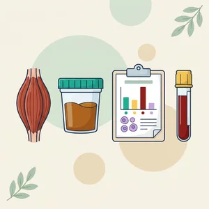 Rhabdomyolysis illustration: lab report with one bar far above range, serum tube, muscle fibers and a cup of dark urine