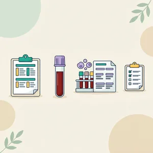 Routine checkup blood tests: lavender-top tube, rack of colored tubes, lab reports in blocks and a checklist clipboard