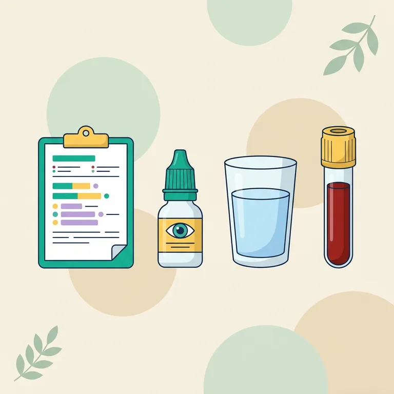 Illustration of a lab report with antibody lines marked positive, a serum blood tube, an eye drop bottle and a glass of water
