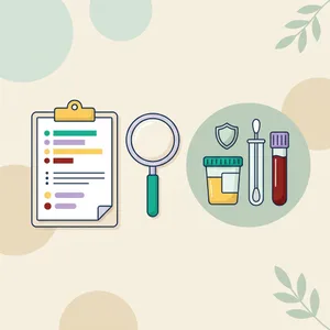 STI testing illustration: urine cup, swab and blood tube with a shield, a magnifying glass and a checklist on a clipboard