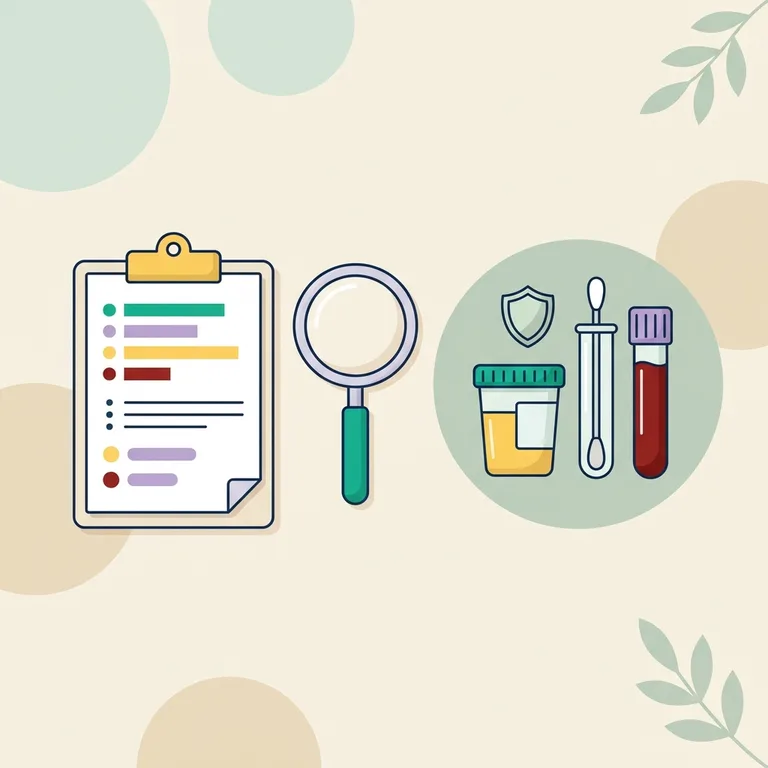 STI testing illustration: urine cup, swab and blood tube with a shield, a magnifying glass and a checklist on a clipboard