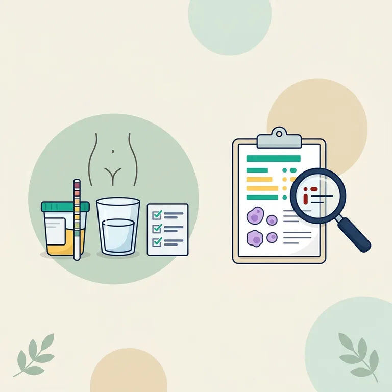 Illustration for strong-smelling urine: a urine sample cup, a dipstick with color pads, a water glass and a lab checklist