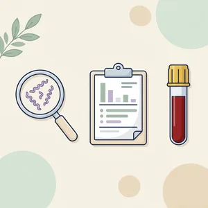 Illustration of a magnifier over spiral syphilis bacteria, a lab report on a clipboard and a yellow-top blood tube