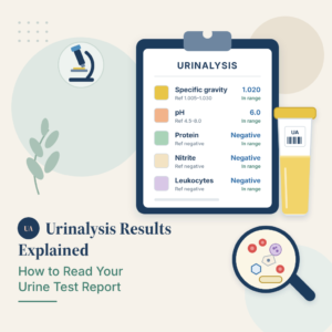 Urinalysis results report with dipstick color pads, a urine sample cup and a magnifier showing urine cells