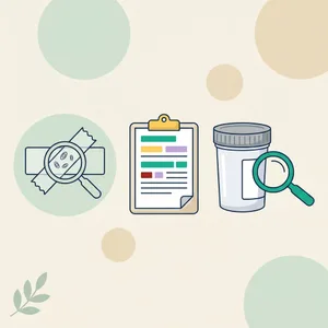 Illustration of a magnifier over clear tape with pinworm eggs, a lab report and a stool container, about worms in stool