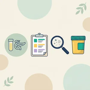 Illustration for yellow stool tests: a pale yellow tube by the pancreas, a lab checklist, a magnifier and a stool container